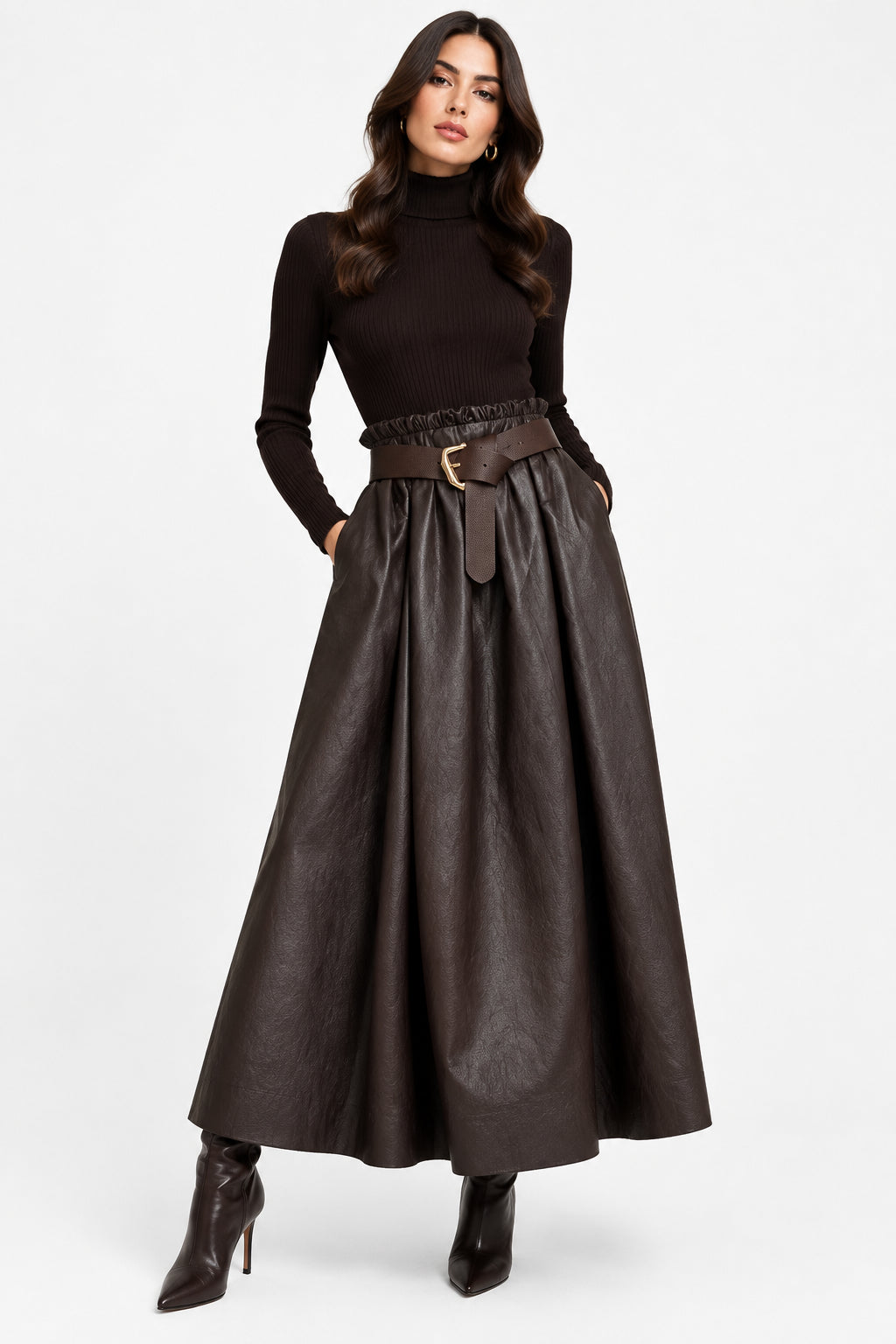 Gonna Lunga Curvy in Ecopelle con Cintura Taglie Comode Stile Rock-Chic