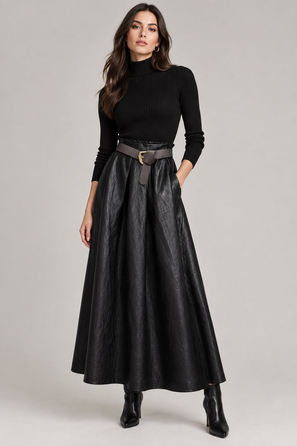 Gonna Lunga Curvy in Ecopelle con Cintura Taglie Comode Stile Rock-Chic