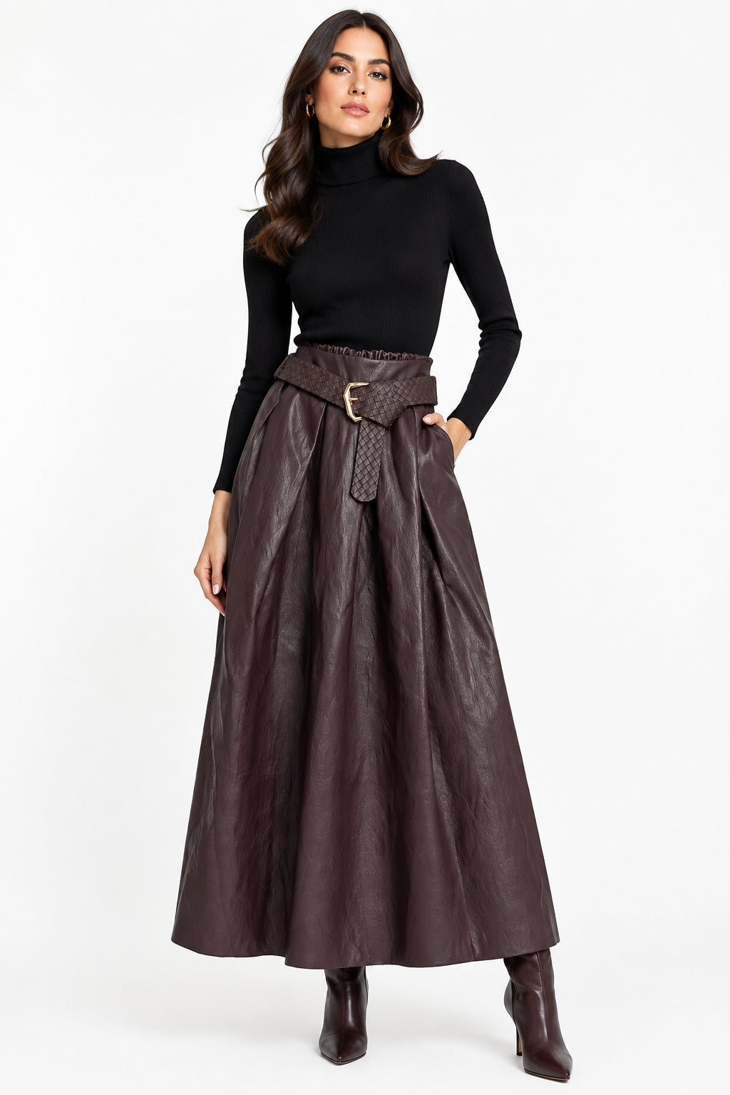 Gonna Lunga Curvy in Ecopelle con Cintura Taglie Comode Stile Rock-Chic