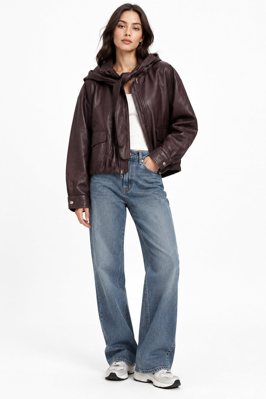 Giacca Curvy in Ecopelle con Zip e Sciarpa Integrata Bomberino Taglie Comode Soft-Touch
