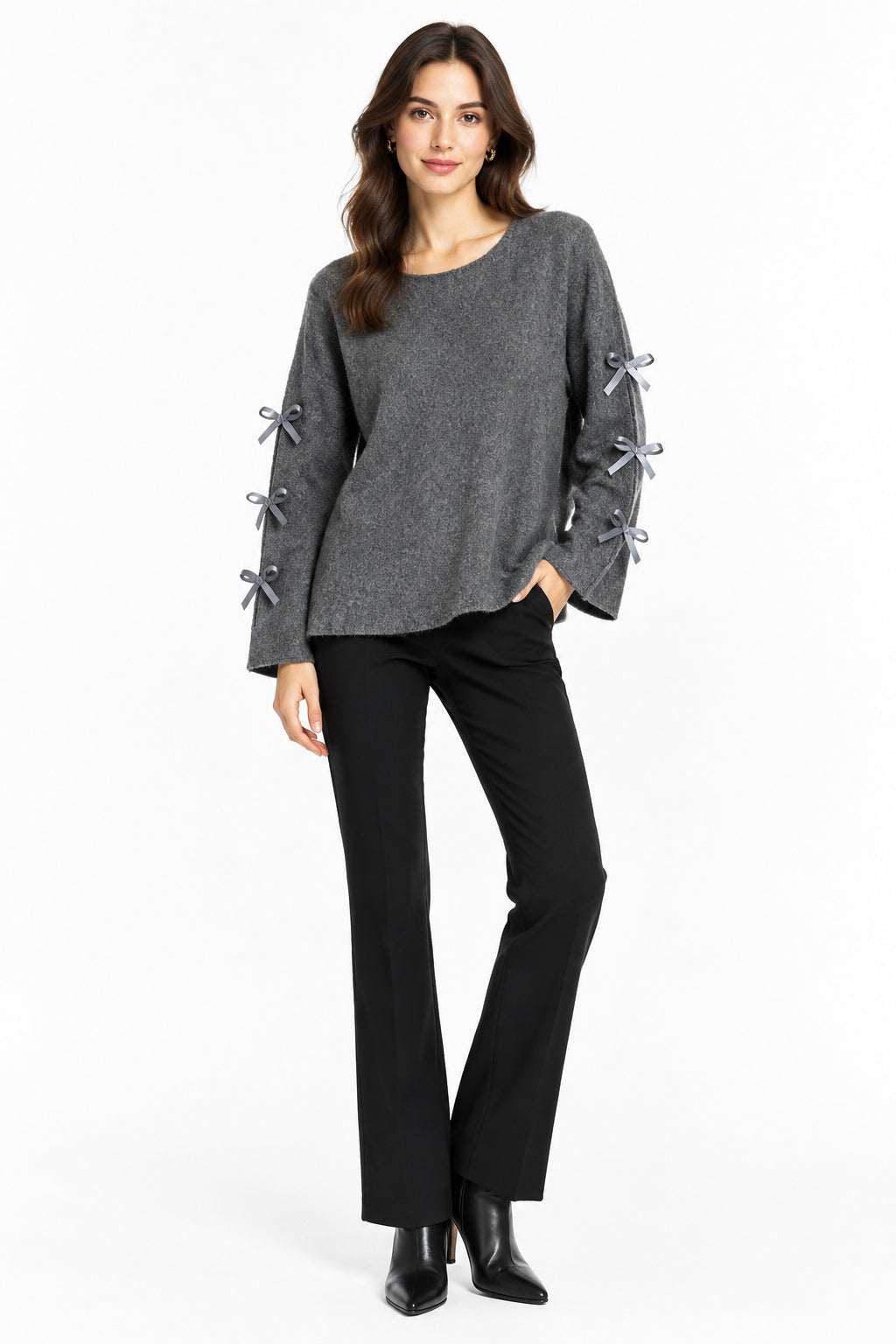 Maglioncino Curvy con Fiocchi sulle Maniche Pullover Morbido e Ro1mantico Taglie Comode