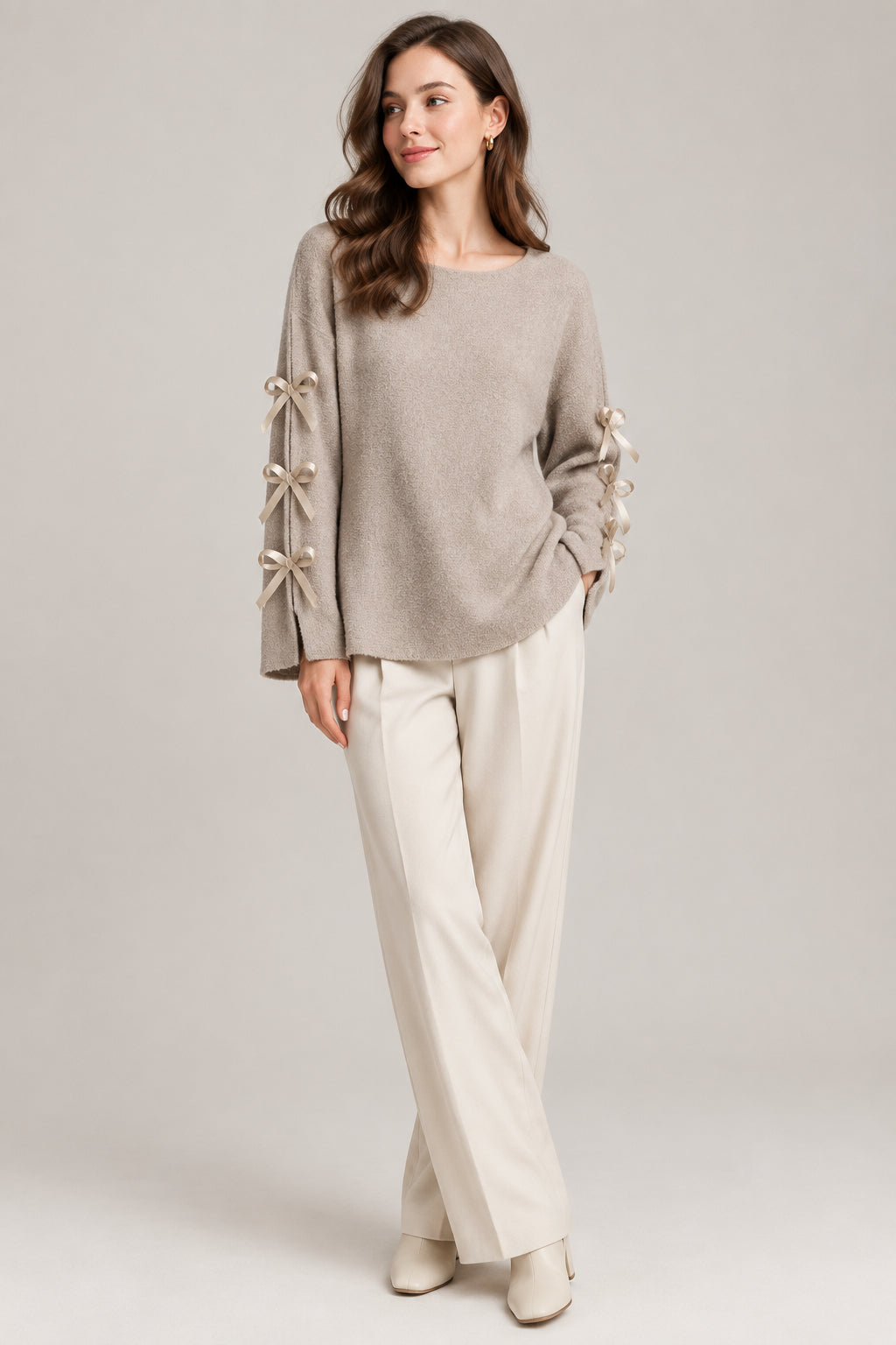 Maglioncino Curvy con Fiocchi sulle Maniche Pullover Morbido e Ro1mantico Taglie Comode