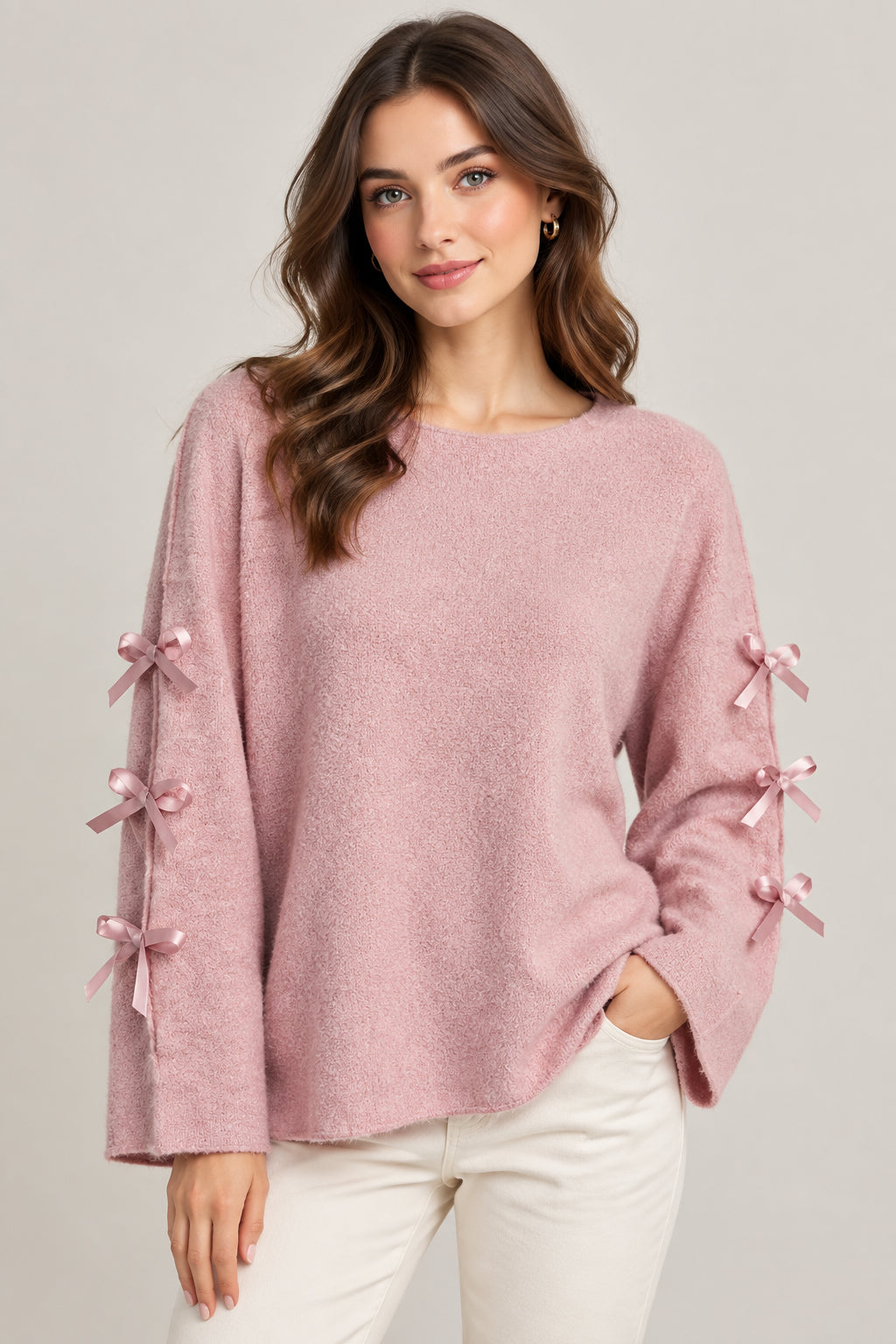 Maglioncino Curvy con Fiocchi sulle Maniche Pullover Morbido e Ro1mantico Taglie Comode