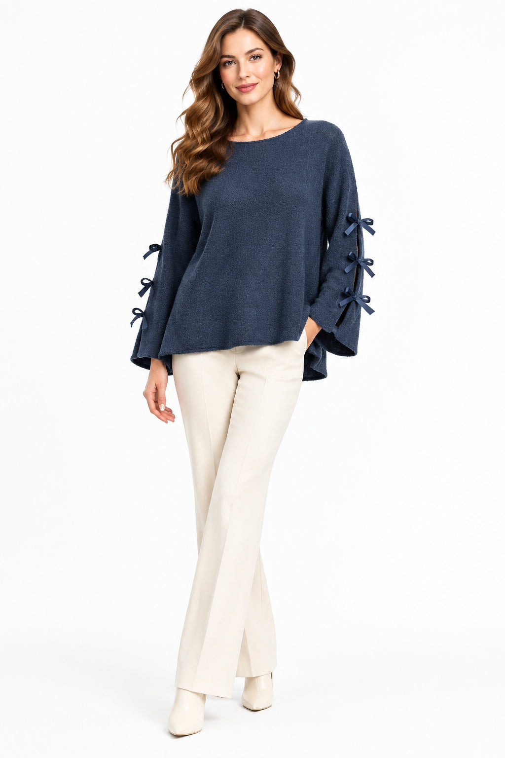 Maglioncino Curvy con Fiocchi sulle Maniche Pullover Morbido e Ro1mantico Taglie Comode