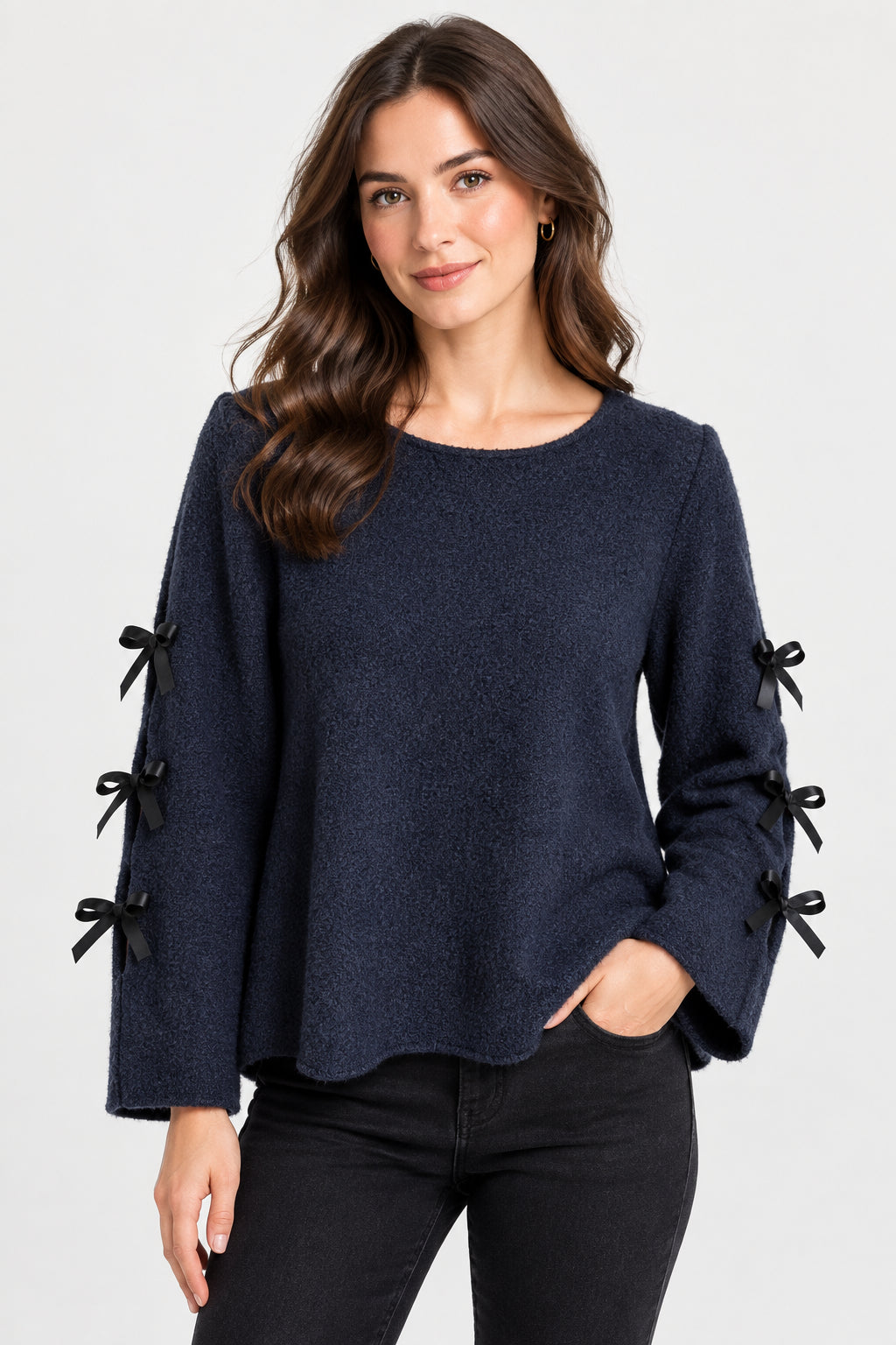 Maglioncino Curvy con Fiocchi sulle Maniche Pullover Morbido e Ro1mantico Taglie Comode