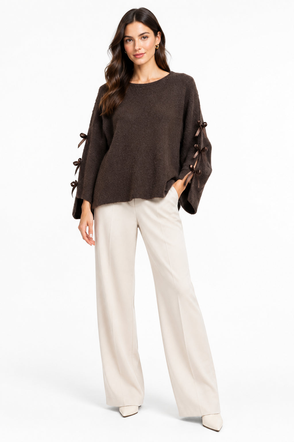 Maglioncino Curvy con Fiocchi sulle Maniche Pullover Morbido e Ro1mantico Taglie Comode