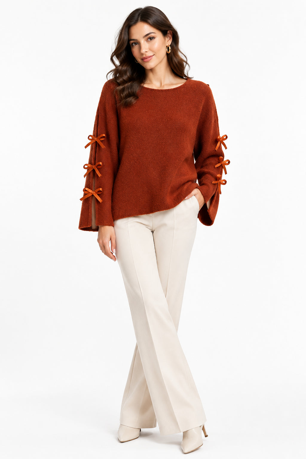 Maglioncino Curvy con Fiocchi sulle Maniche Pullover Morbido e Ro1mantico Taglie Comode