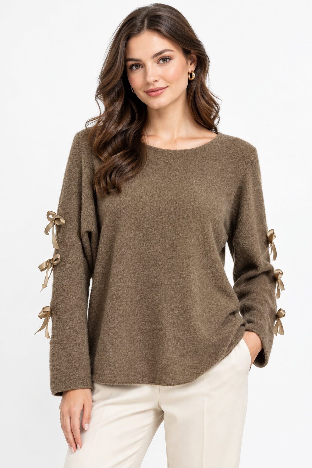 Maglioncino Curvy con Fiocchi sulle Maniche Pullover Morbido e Ro1mantico Taglie Comode