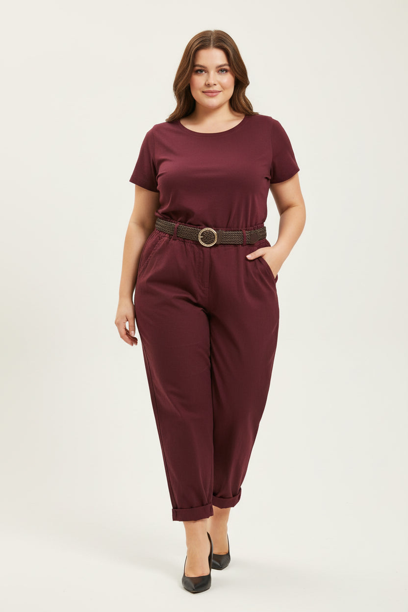 Pantalone Curvy in Viscosa con Cintura Intrecciata – Modello Comfort con Risvolto