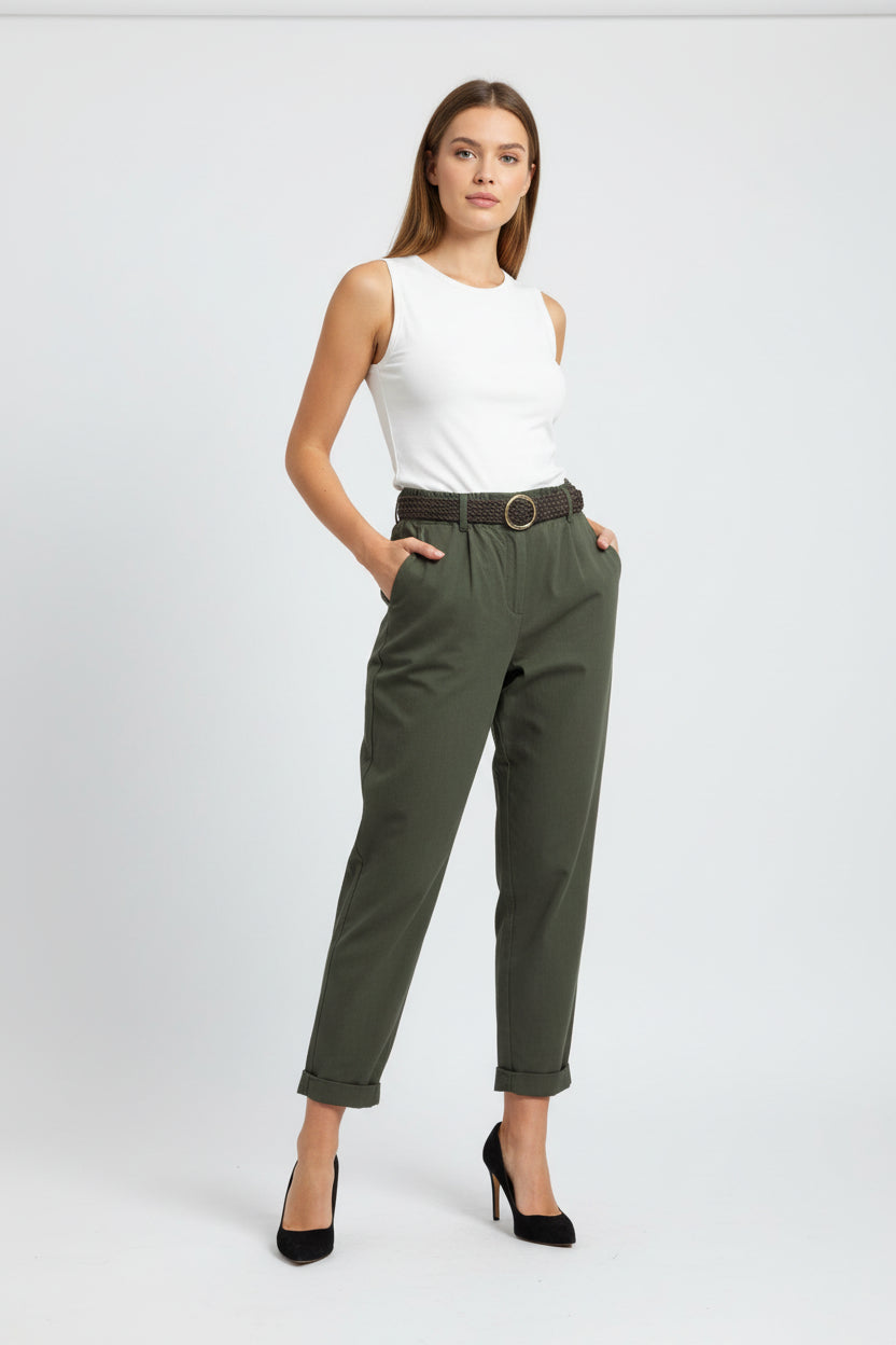 Pantalone Curvy in Viscosa con Cintura Intrecciata – Modello Comfort con Risvolto