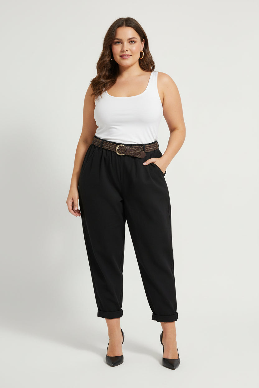 Pantalone Curvy in Viscosa con Cintura Intrecciata – Modello Comfort con Risvolto