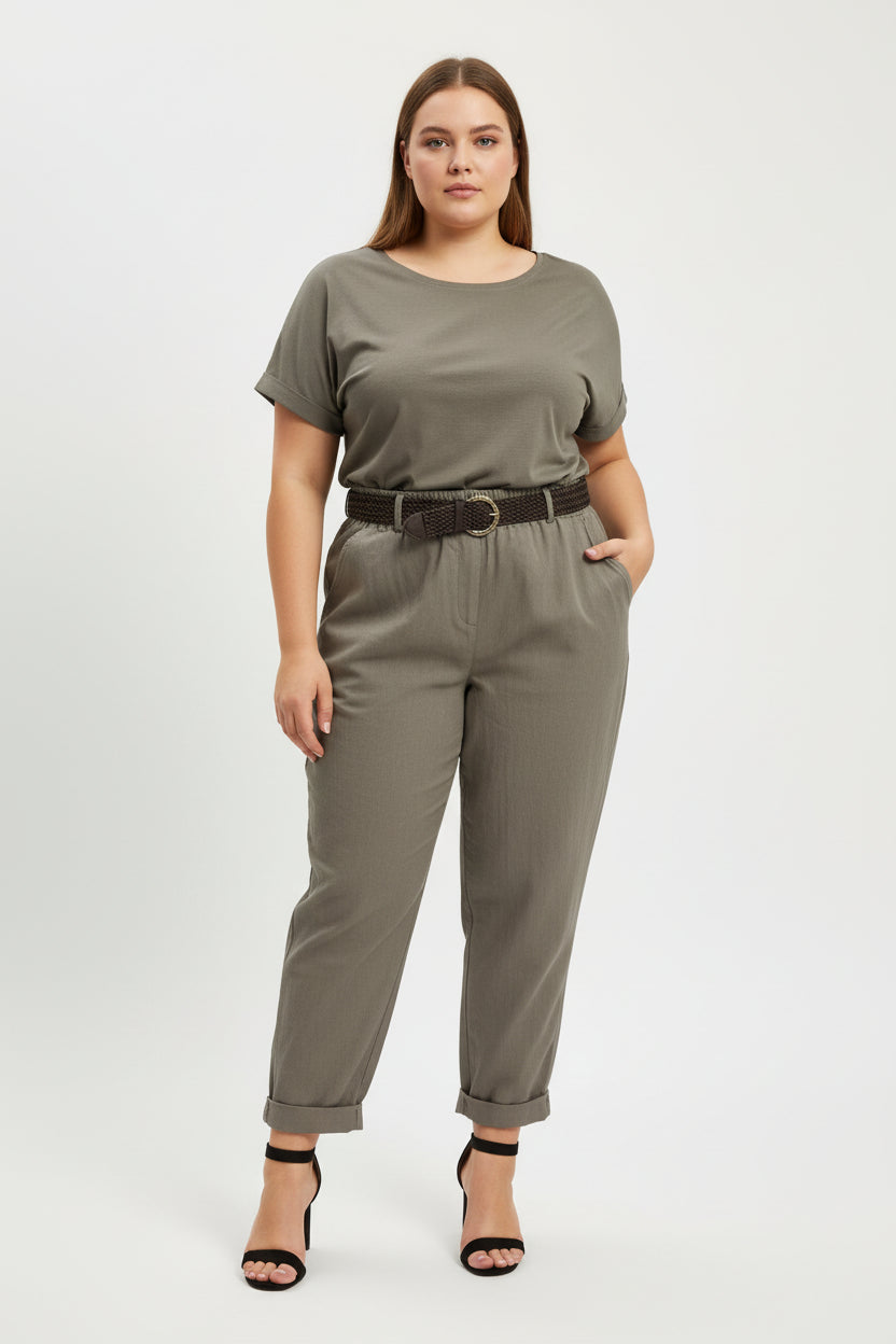 Pantalone Curvy in Viscosa con Cintura Intrecciata – Modello Comfort con Risvolto
