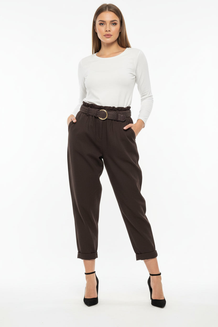 Pantalone Curvy in Viscosa con Cintura Intrecciata – Modello Comfort con Risvolto