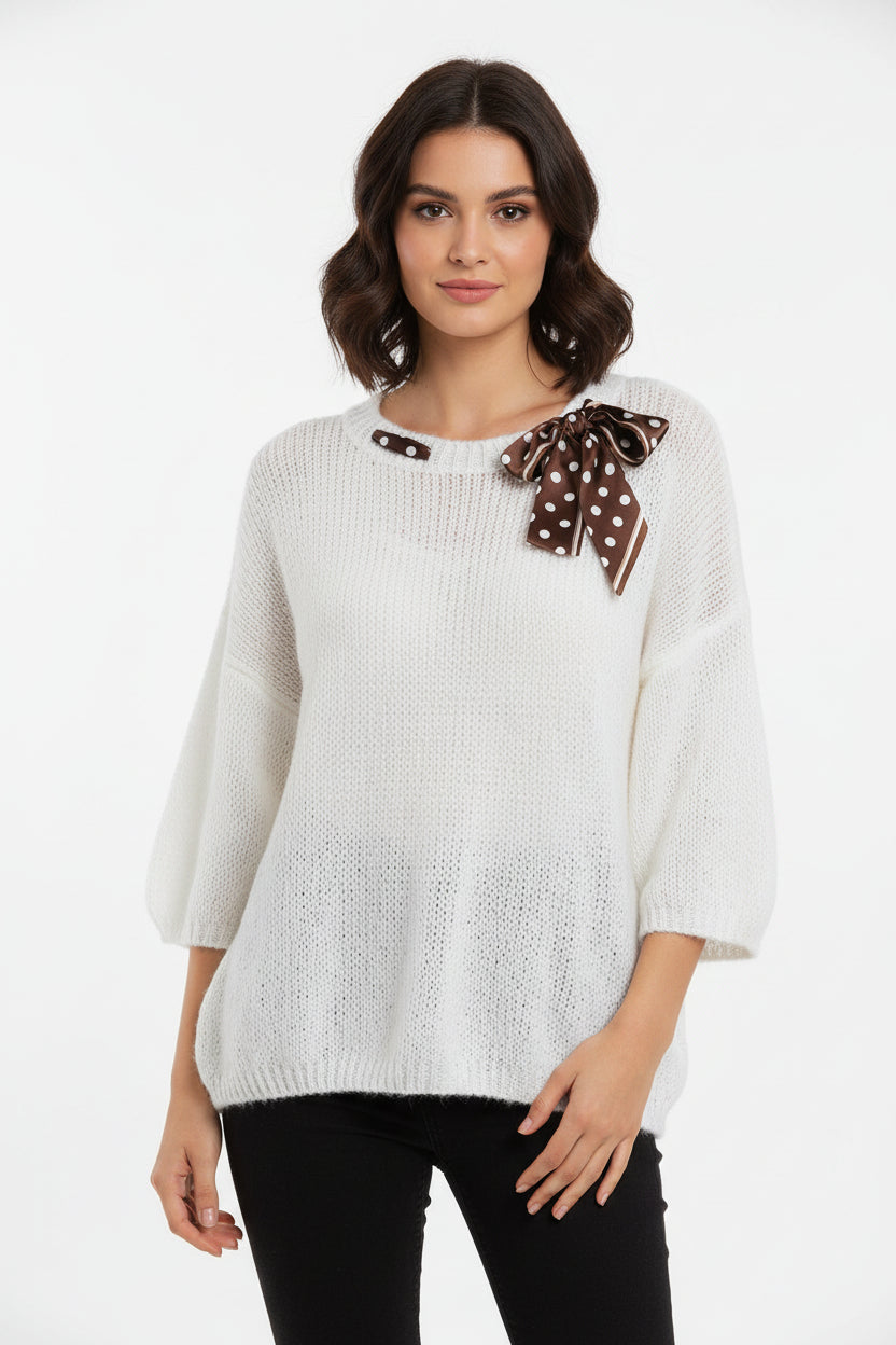 Maglioncino Curvy Girocollo con Foulard a Pois Stile Morbido e Dettagli Chic