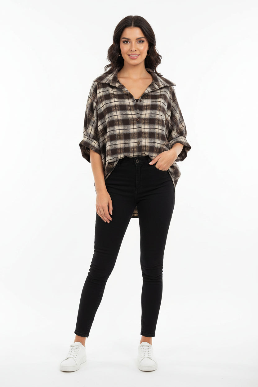 Camicia Curvy Crop Tartan in Misto Viscosa Modello Oversize