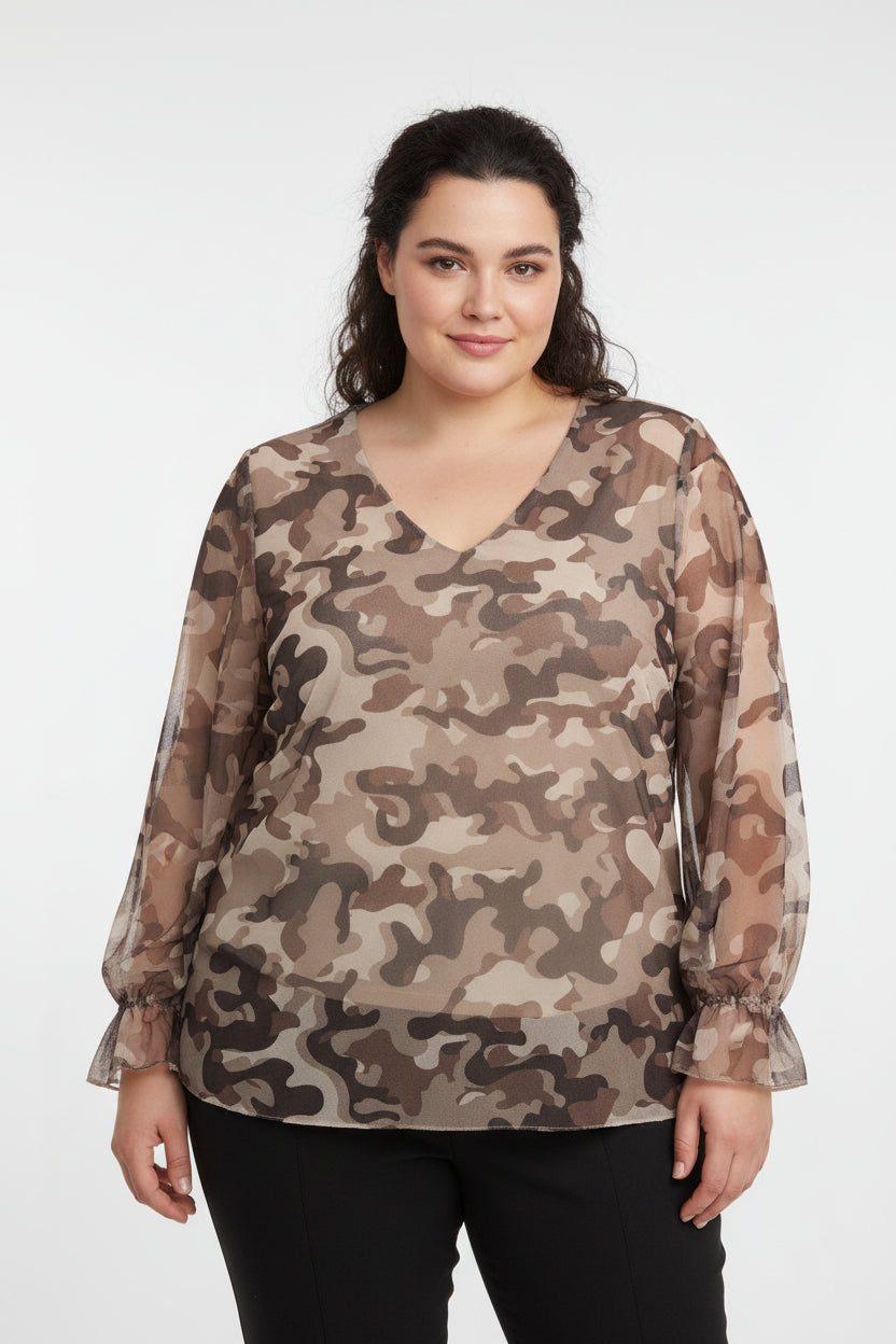 Blusa Curvy in Tulle Mimetico con Scollo a V e Polsini Arricciati