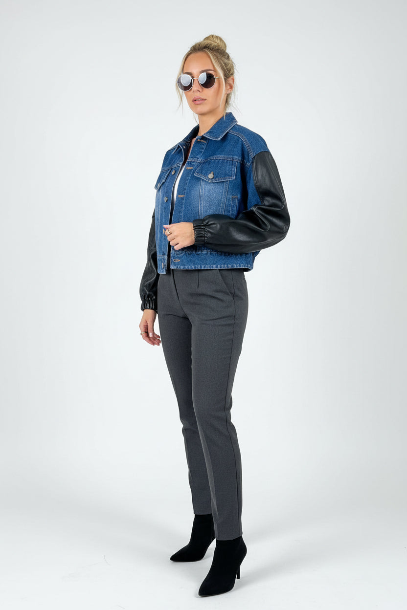 Giacca di Jeans Crop con Maniche in Ecopelle