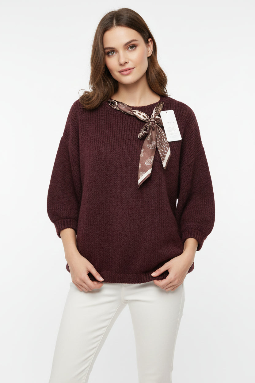Maglioncino Curvy Girocollo con Foulard a Pois Stile Morbido e Dettagli Chic