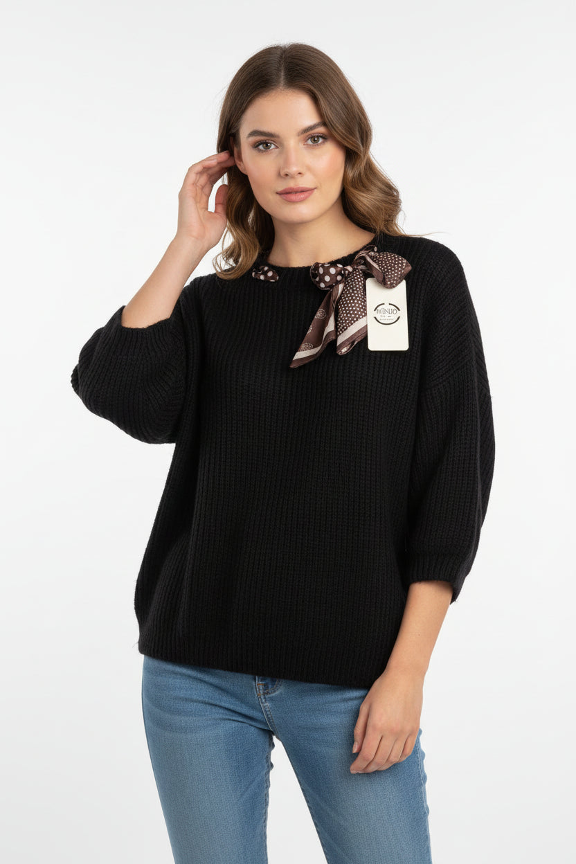 Maglioncino Curvy Girocollo con Foulard a Pois Stile Morbido e Dettagli Chic