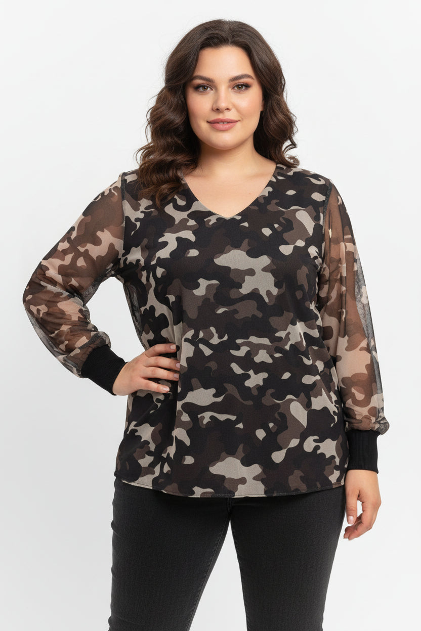 Blusa Curvy in Tulle Mimetico con Scollo a V e Polsini Arricciati