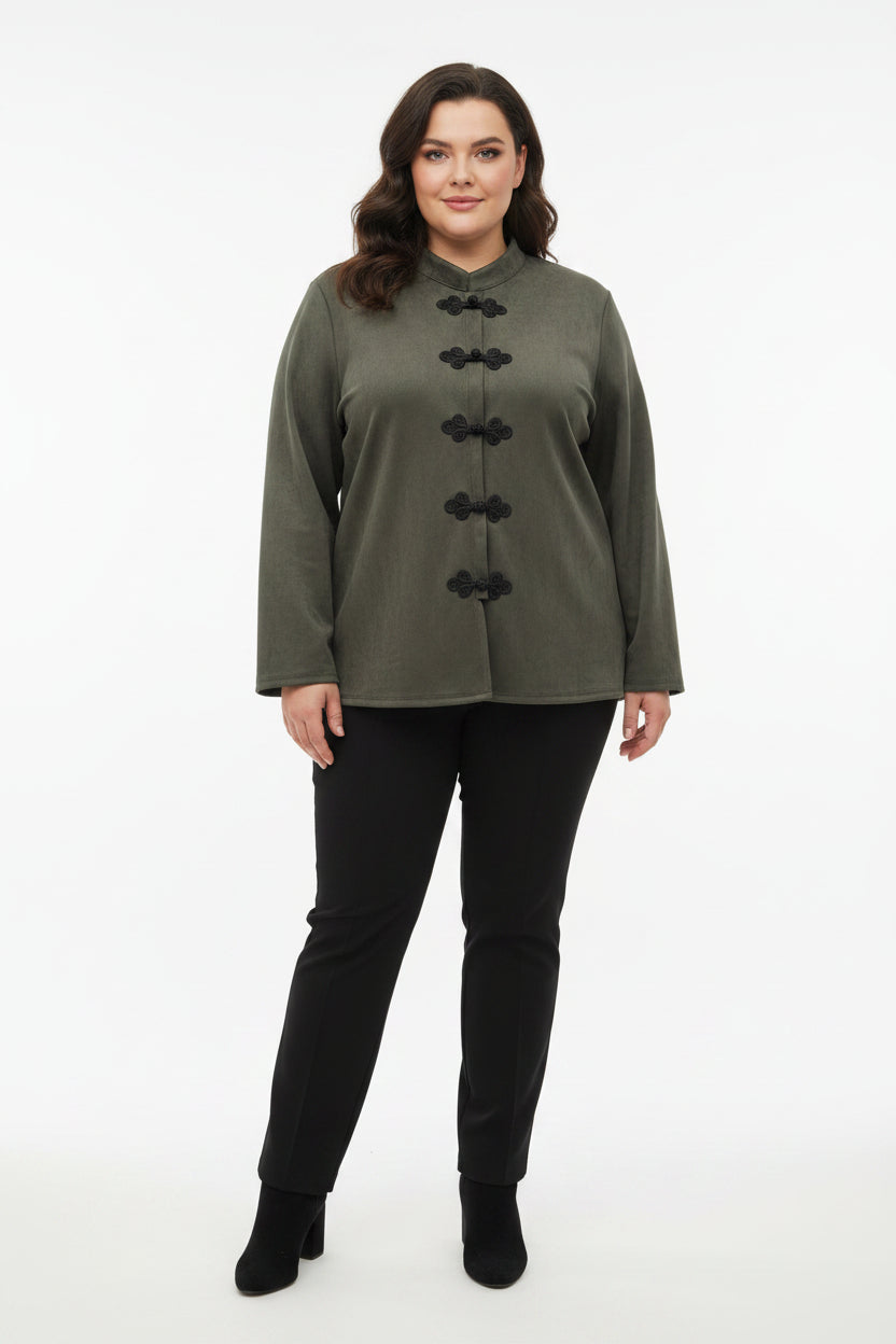 Giacca Curvy Stile Kimono in Tessuto Scamosciato con Alamari