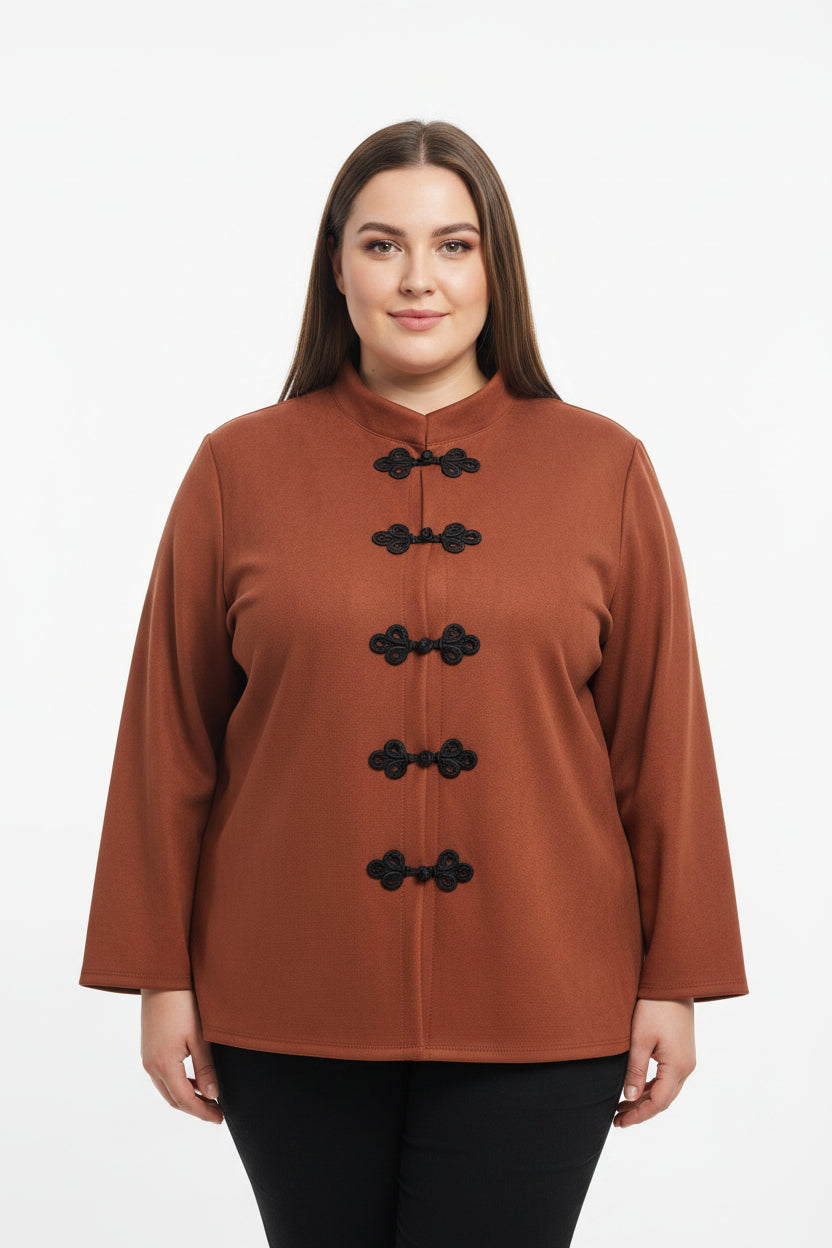 Giacca Curvy Stile Kimono in Tessuto Scamosciato con Alamari