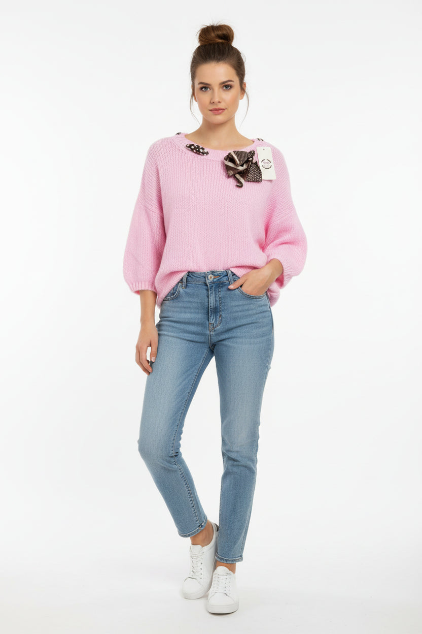 Maglioncino Curvy Girocollo con Foulard a Pois Stile Morbido e Dettagli Chic