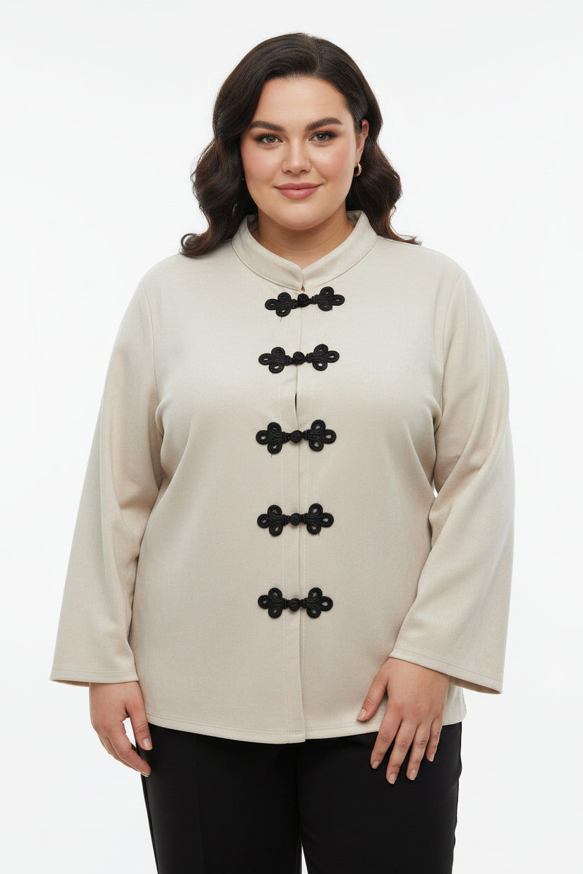 Giacca Curvy Stile Kimono in Tessuto Scamosciato con Alamari