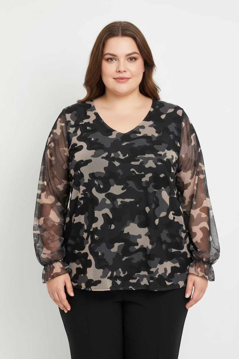 Blusa Curvy in Tulle Mimetico con Scollo a V e Polsini Arricciati