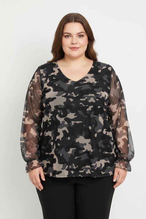Blusa Curvy in Tulle Mimetico con Scollo a V e Polsini Arricciati