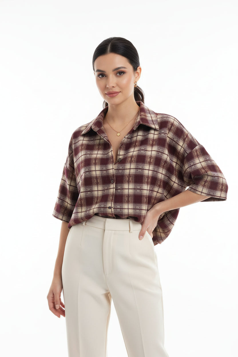Camicia Curvy Crop Tartan in Misto Viscosa Modello Oversize