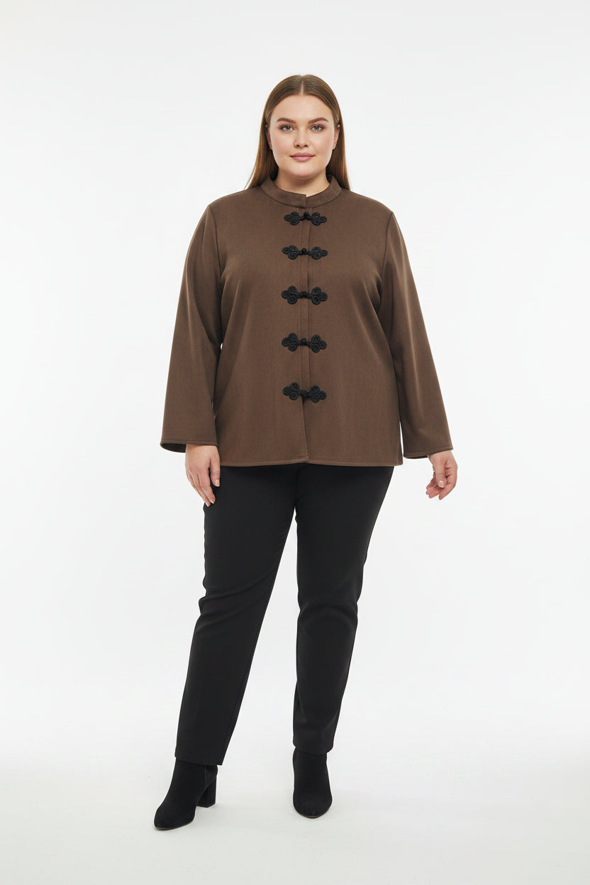 Giacca Curvy Stile Kimono in Tessuto Scamosciato con Alamari