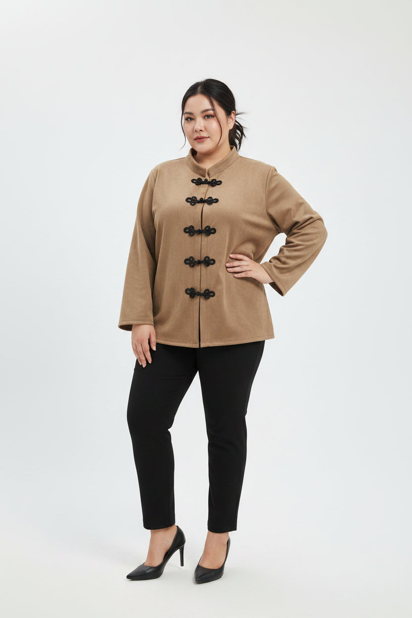 Giacca Curvy Stile Kimono in Tessuto Scamosciato con Alamari