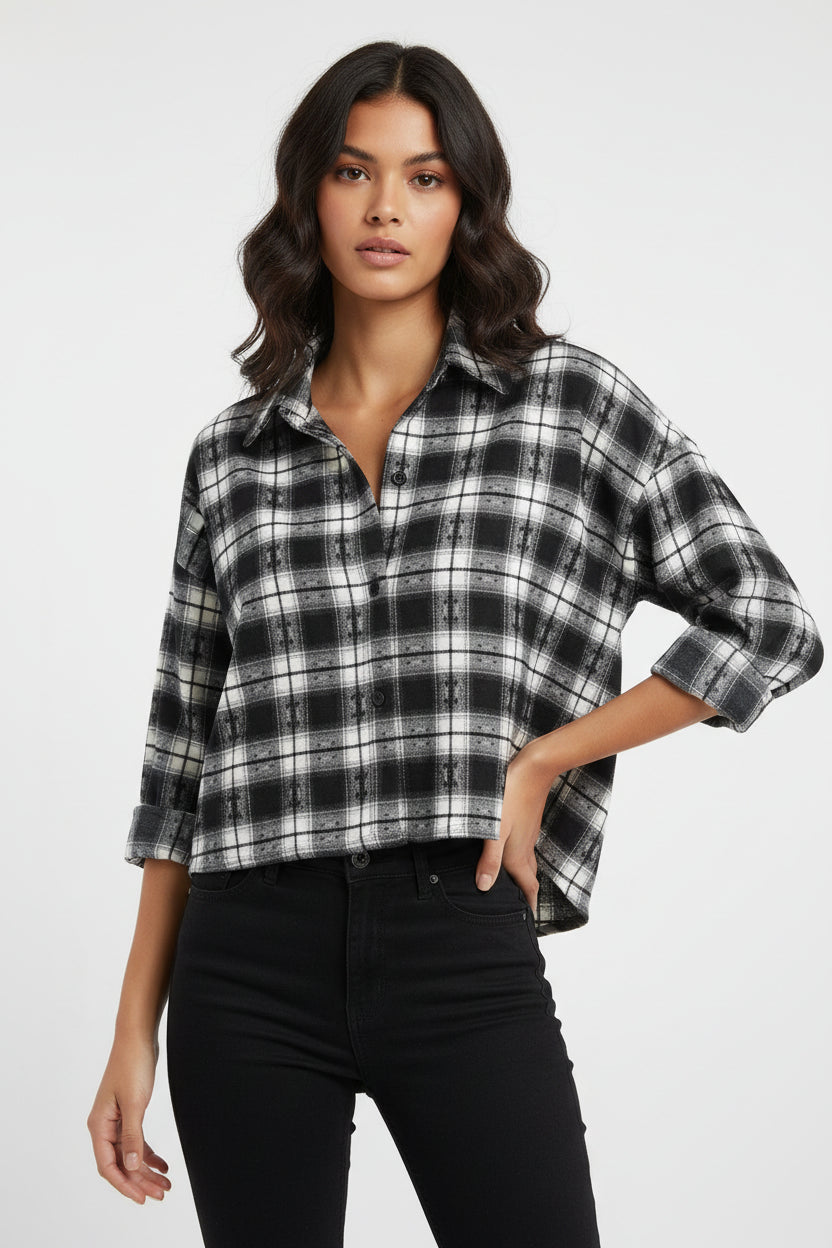 Camicia Curvy Crop Tartan in Misto Viscosa Modello Oversize